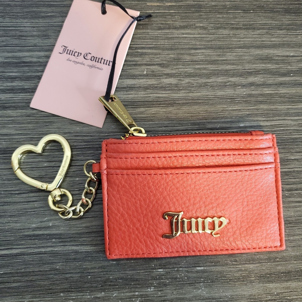 Juicy Couture Bright Red Coin Purse Card Holder w/ Heart Key Ring 4" Mini Wallet